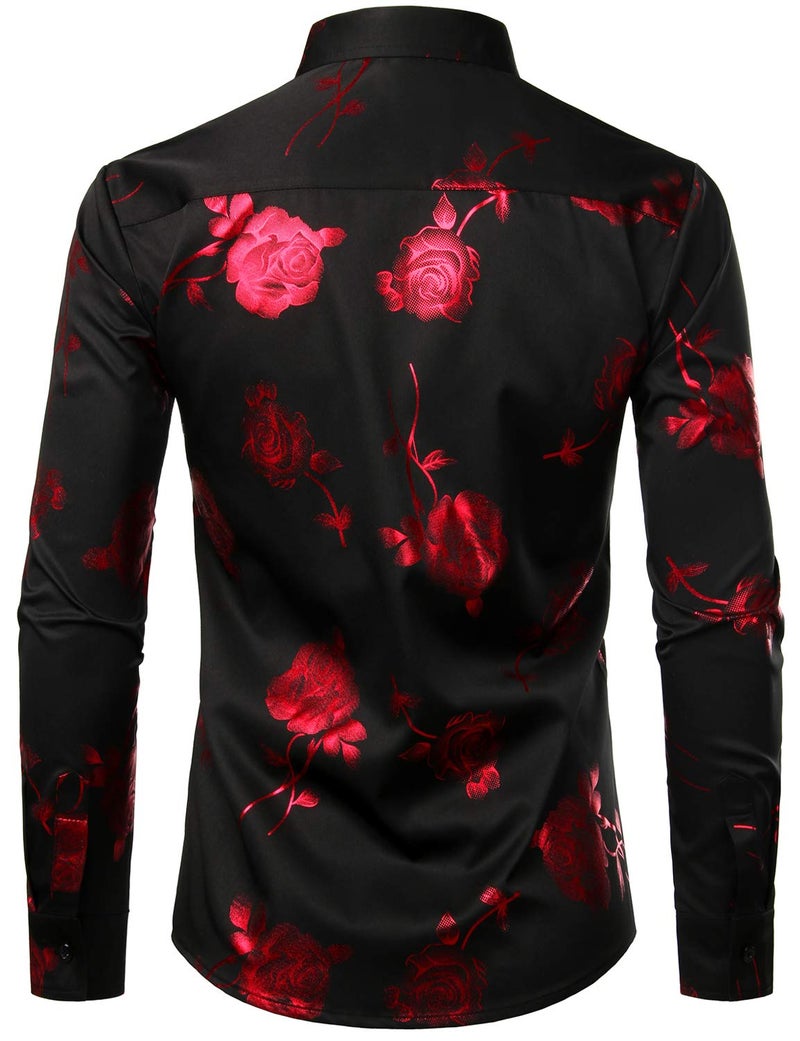 ZEROYAA Mens Hipster 3D Rose Deign Slim Fit Long Sleeve Button Up Dress Shirts ZZCL22 Black Red Medium - Image 2